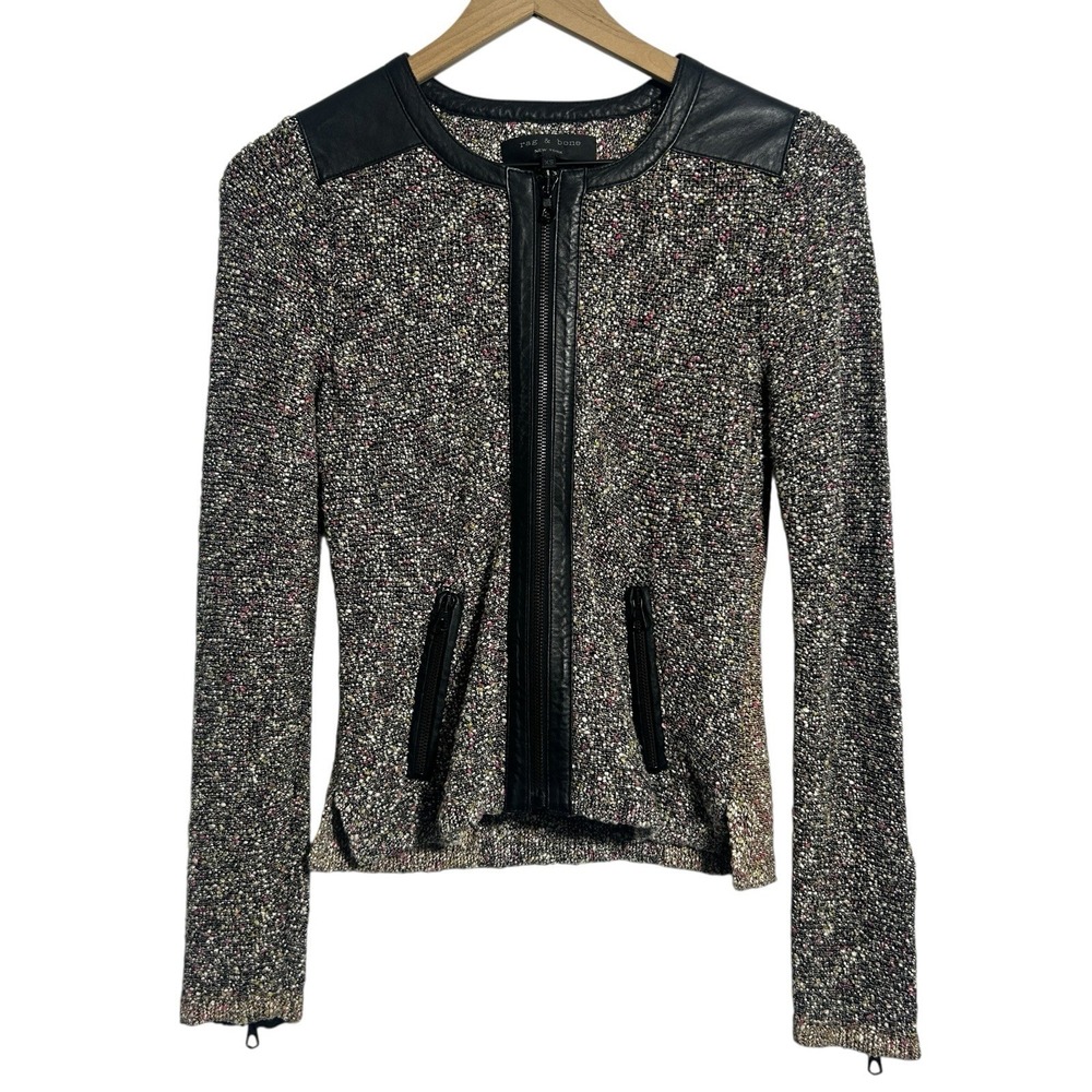 Rag & Bone XS Tweed Bouclé Moto Jacket Leather Trim‎ Corpcore Street Zip Pockets